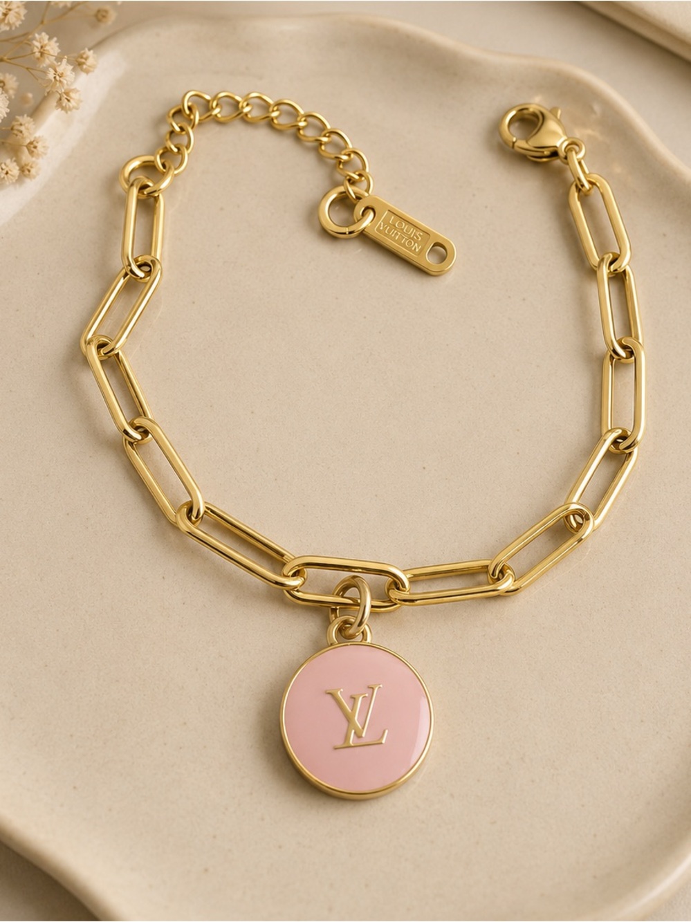 Gold Chain Bracelet with Pink Enamel LV Skittle Charm
